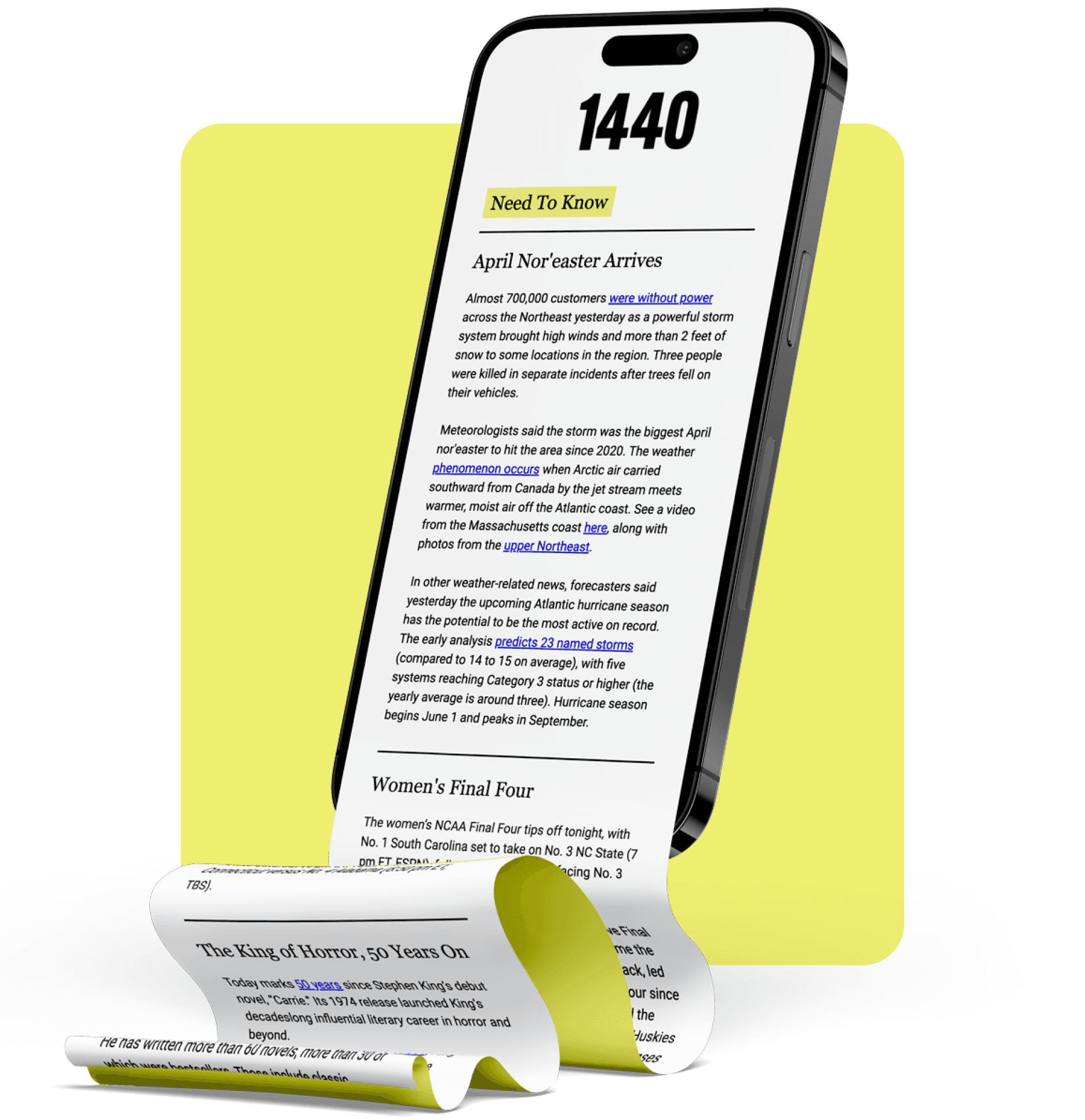 A phone showing a 1440 newsletter with the screen overflowing like a long grocery store receipt would